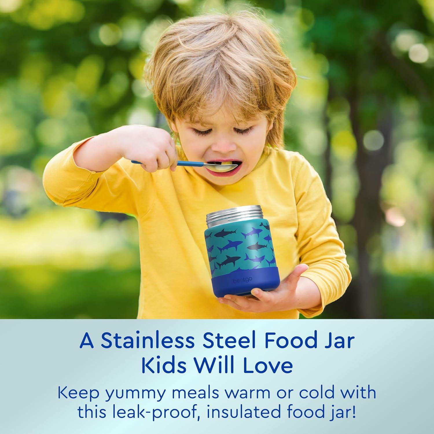 imageBentgo Kids Stainless Steel Food Jar  11oz LeakProof Double Insulated Hot or Cold Food Container with Removable Silicone Bumper Dishwasher Safe Easy Open Lid Ages 3 TrucksShark