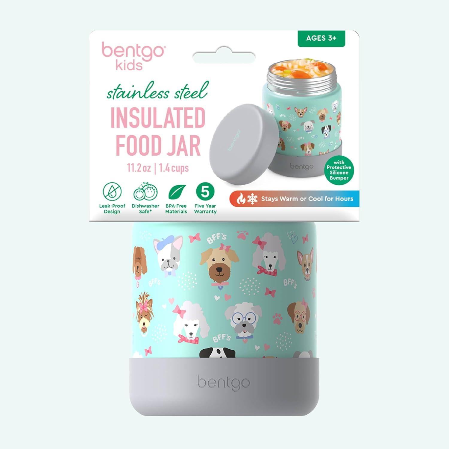 imageBentgo Kids Stainless Steel Food Jar  11oz LeakProof Double Insulated Hot or Cold Food Container with Removable Silicone Bumper Dishwasher Safe Easy Open Lid Ages 3 TrucksPuppy Love
