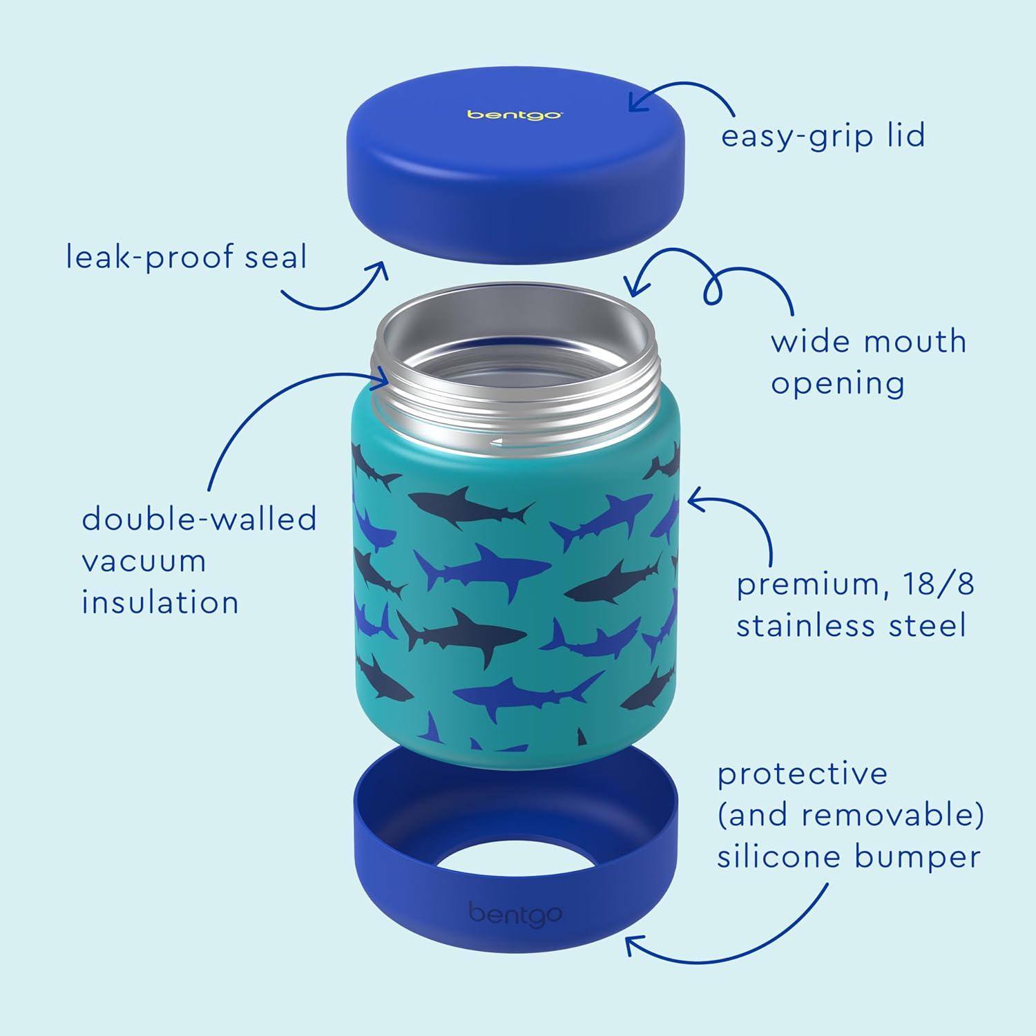 imageBentgo Kids Stainless Steel Food Jar  11oz LeakProof Double Insulated Hot or Cold Food Container with Removable Silicone Bumper Dishwasher Safe Easy Open Lid Ages 3 TrucksShark