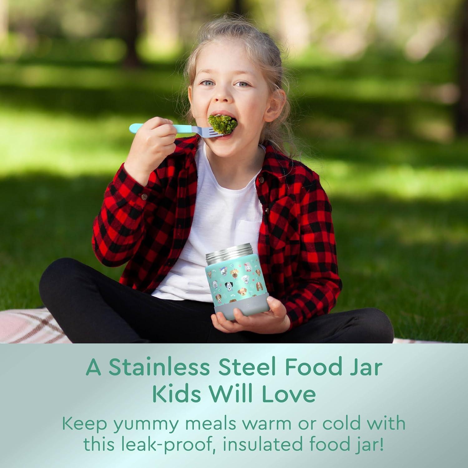 imageBentgo Kids Stainless Steel Food Jar  11oz LeakProof Double Insulated Hot or Cold Food Container with Removable Silicone Bumper Dishwasher Safe Easy Open Lid Ages 3 TrucksPuppy Love