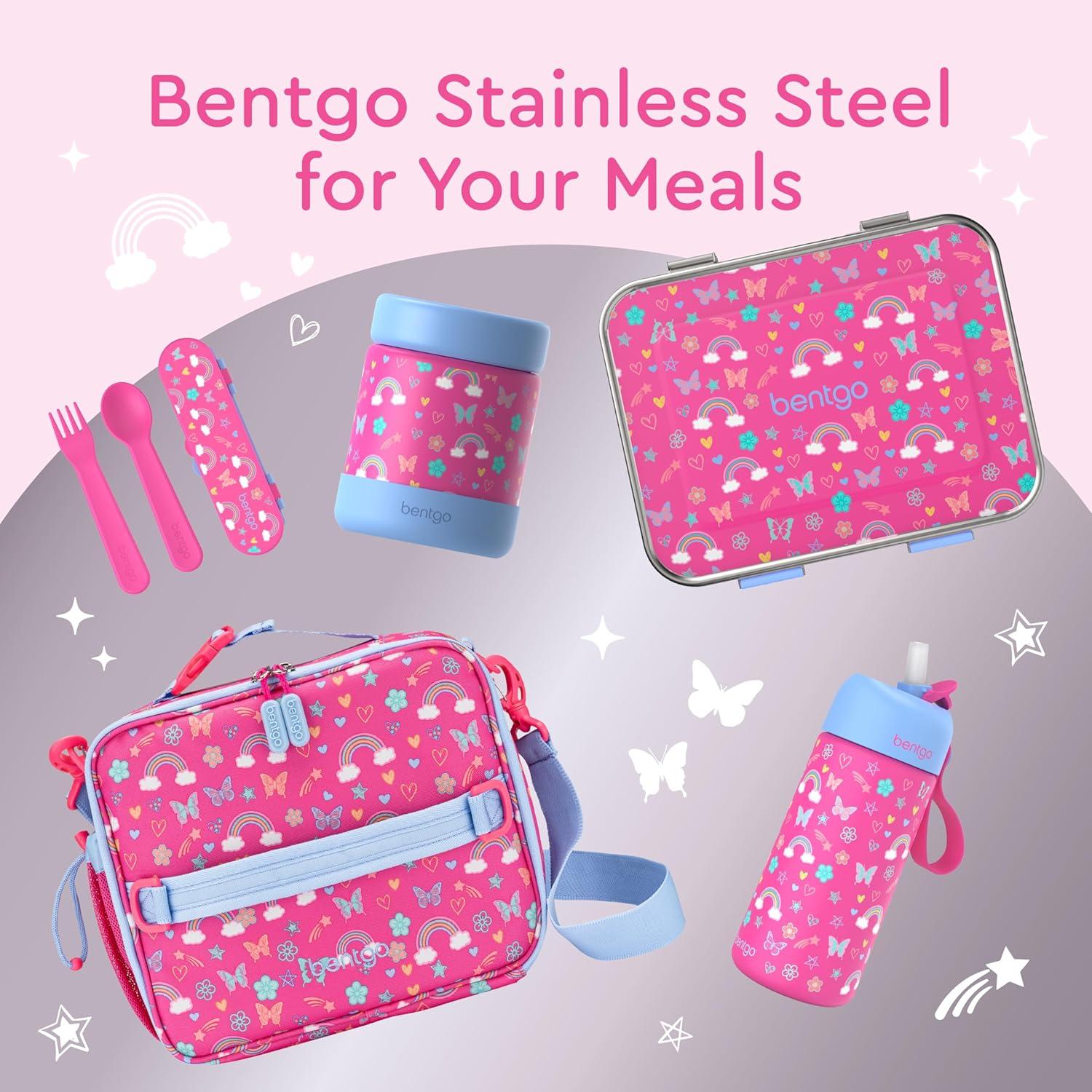 imageBentgo Kids Stainless Steel Food Jar  11oz LeakProof Double Insulated Hot or Cold Food Container with Removable Silicone Bumper Dishwasher Safe Easy Open Lid Ages 3 TrucksRainbows and Butterflies