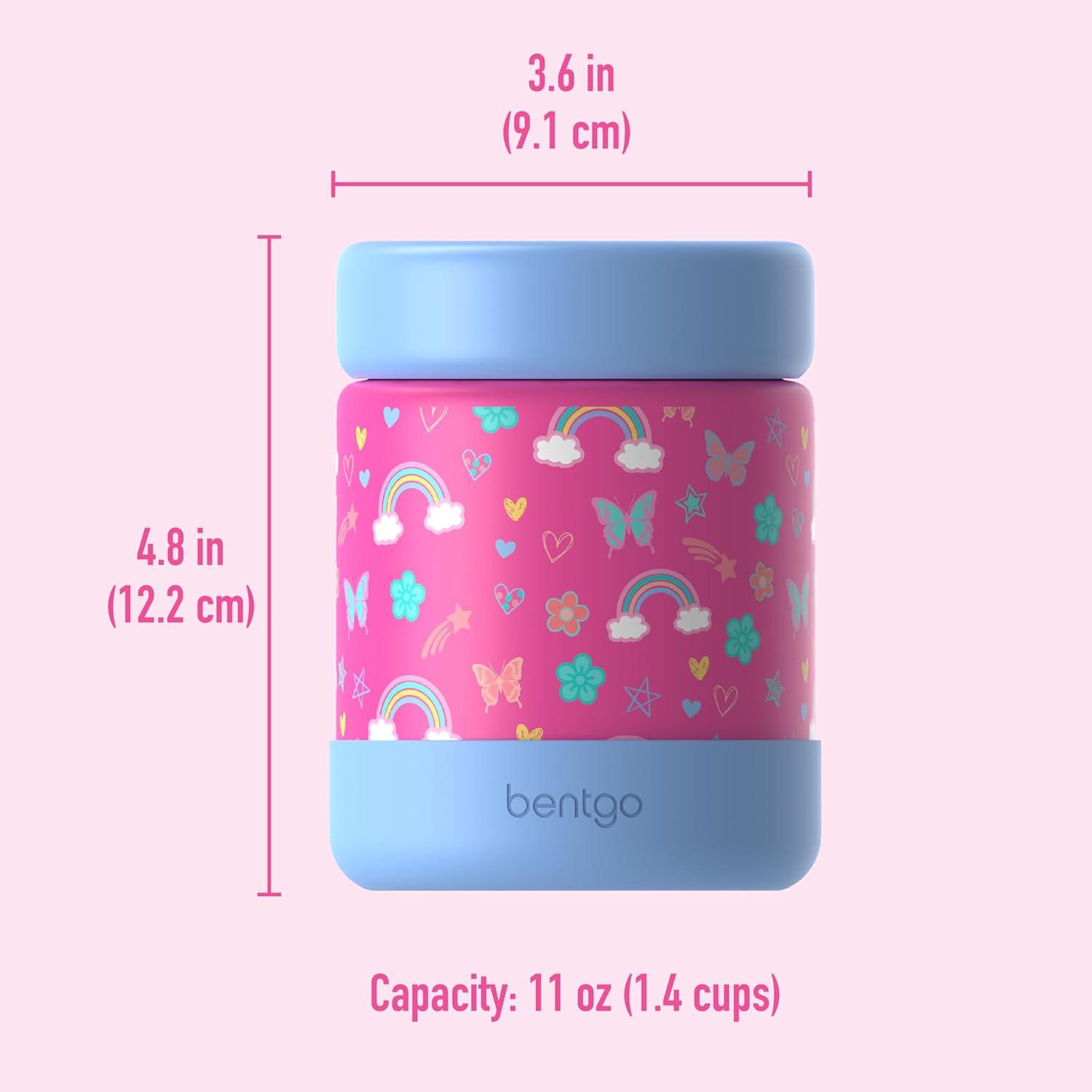imageBentgo Kids Stainless Steel Food Jar  11oz LeakProof Double Insulated Hot or Cold Food Container with Removable Silicone Bumper Dishwasher Safe Easy Open Lid Ages 3 TrucksRainbows and Butterflies