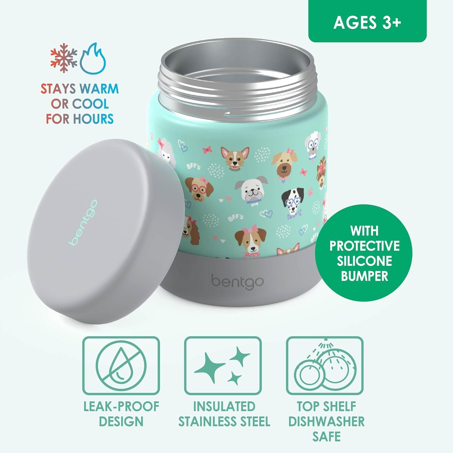 imageBentgo Kids Stainless Steel Food Jar  11oz LeakProof Double Insulated Hot or Cold Food Container with Removable Silicone Bumper Dishwasher Safe Easy Open Lid Ages 3 TrucksPuppy Love