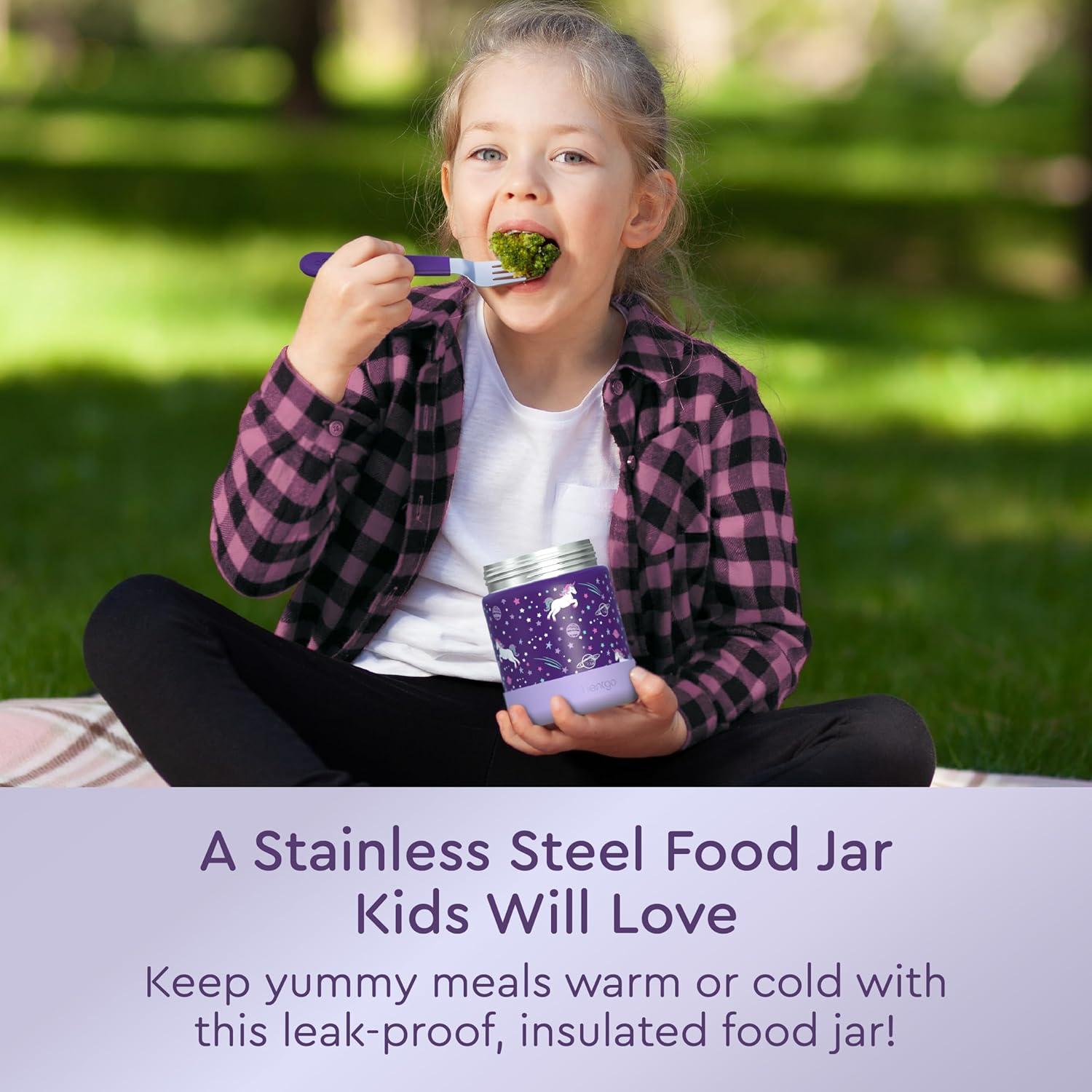 imageBentgo Kids Stainless Steel Food Jar  11oz LeakProof Double Insulated Hot or Cold Food Container with Removable Silicone Bumper Dishwasher Safe Easy Open Lid Ages 3 TrucksUnicorn