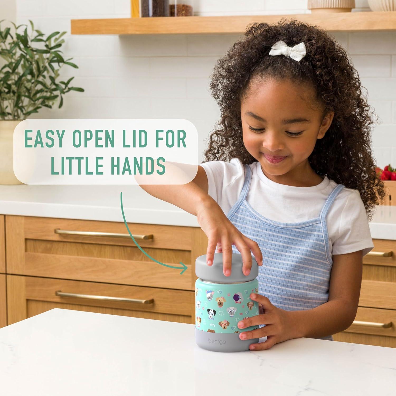 imageBentgo Kids Stainless Steel Food Jar  11oz LeakProof Double Insulated Hot or Cold Food Container with Removable Silicone Bumper Dishwasher Safe Easy Open Lid Ages 3 TrucksPuppy Love