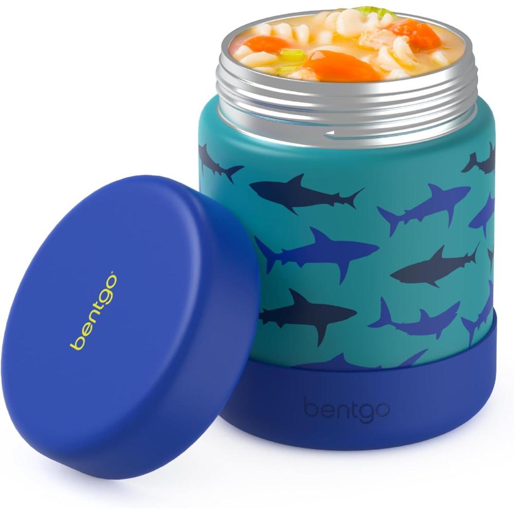 imageBentgo Kids Stainless Steel Food Jar  11oz LeakProof Double Insulated Hot or Cold Food Container with Removable Silicone Bumper Dishwasher Safe Easy Open Lid Ages 3 TrucksShark