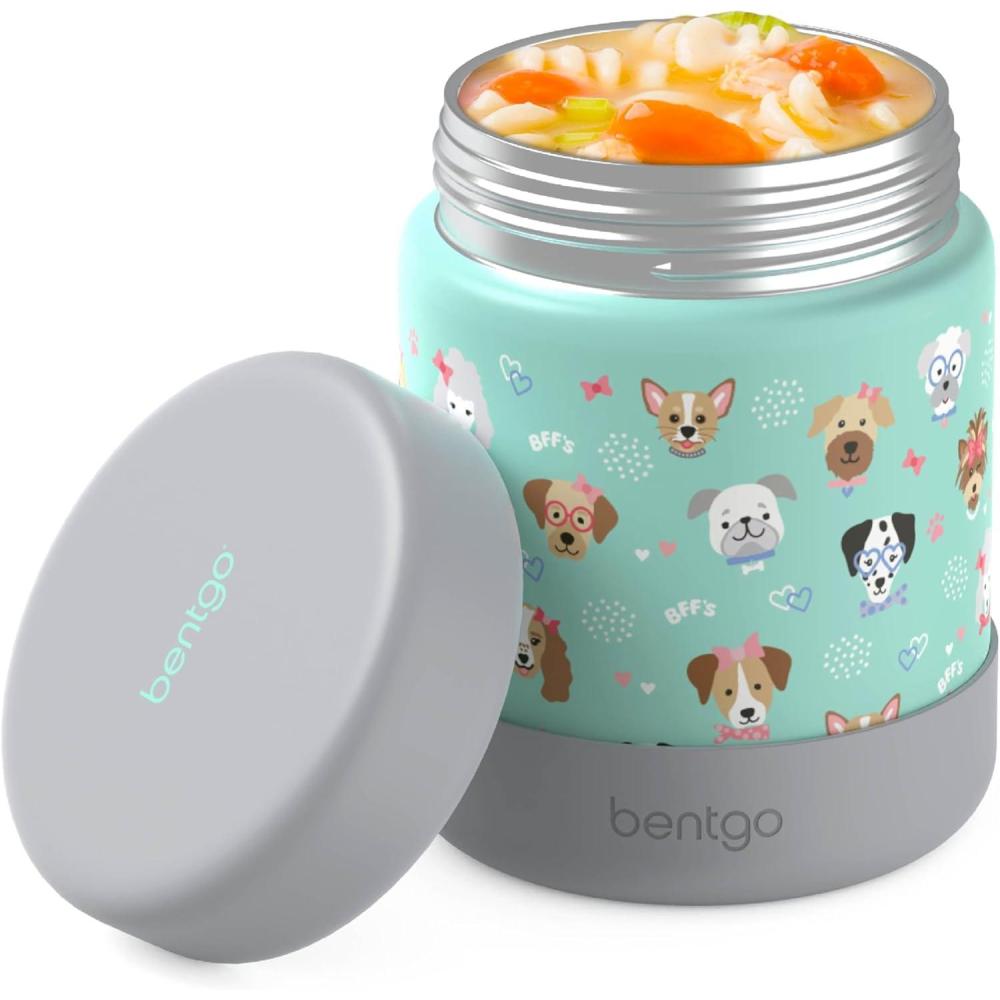 imageBentgo Kids Stainless Steel Food Jar  11oz LeakProof Double Insulated Hot or Cold Food Container with Removable Silicone Bumper Dishwasher Safe Easy Open Lid Ages 3 TrucksPuppy Love