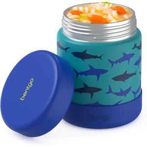 imageBentgo Kids Stainless Steel Food Jar  11oz LeakProof Double Insulated Hot or Cold Food Container with Removable Silicone Bumper Dishwasher Safe Easy Open Lid Ages 3 TrucksShark