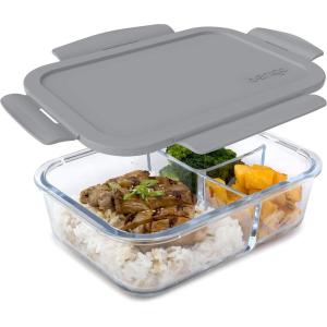 imageBentgo Glass Lunch Box  LeakProof BentoStyle Food Container with Airtight Lid and Divided 3Compartment Design  5 Cup Capacity for Meal Prepping and PortionControlled Meals for Adults BlueGray