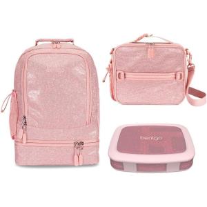 imageBentgo Kids 5Compartment Lunch Box Set With Insulated Lunch Bag and 2in1 Backpack amp Insulated Lunch Bag Glitter Edition  Petal Pink