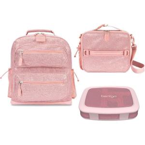 imageBentgo Kids 5Compartment Lunch Box Set With Insulated Lunch Bag and Lightweight 14 Kids Backpack Glitter Edition  Petal Pink